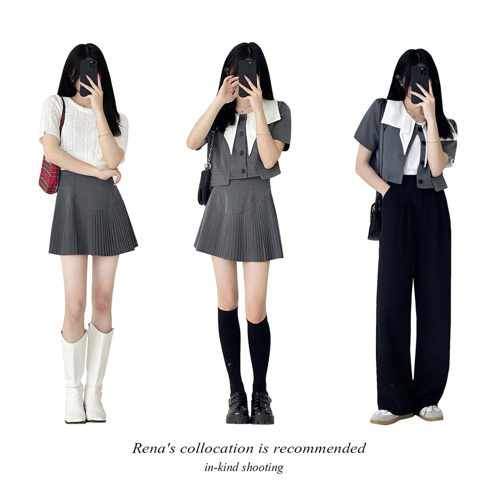 Temperamen Colorblock Collar Irregular Suit Dengan Bahu Depan Empuk Atasan Kecil + Rok Lipit Ramping Pinggang Tinggi