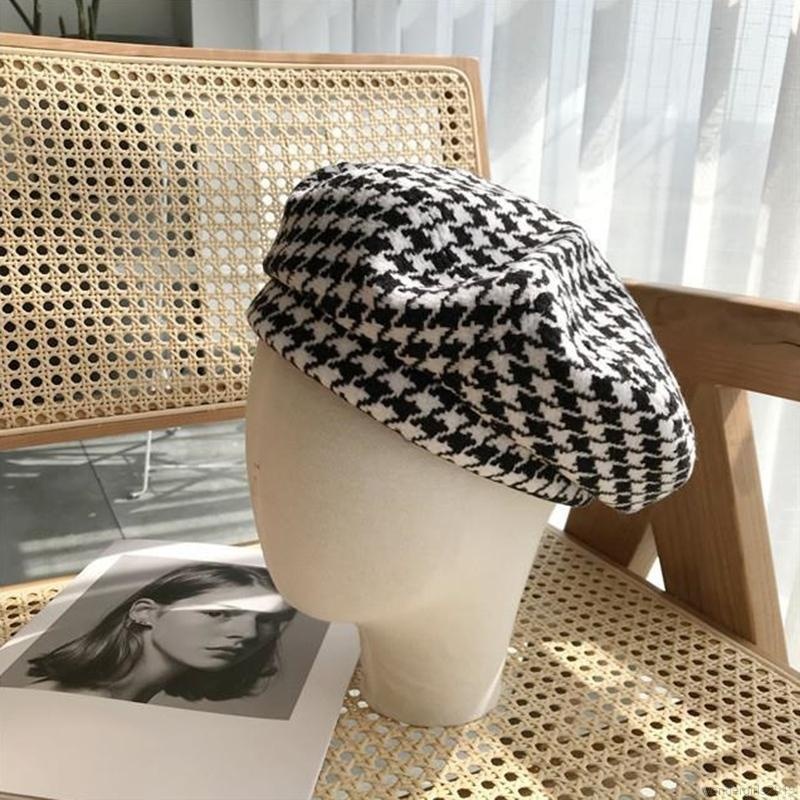 Topi Baret Motif Houndstooth Gaya Retro Korea Jepang Untuk Wanita