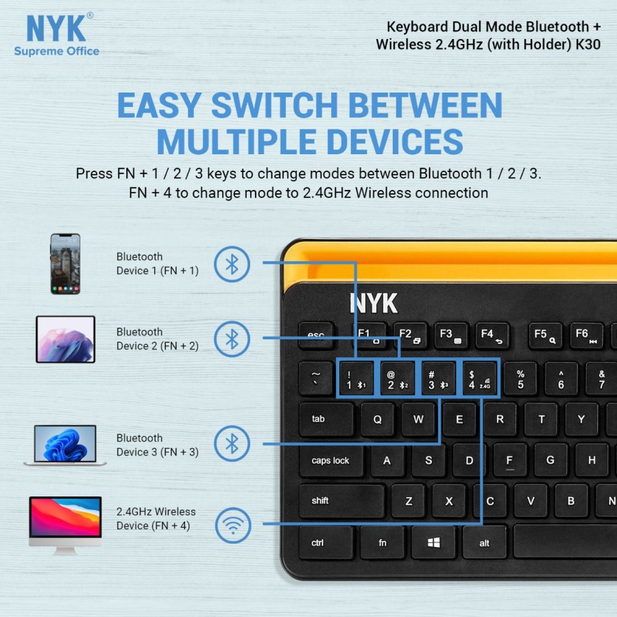 NYK K30 Keyboard Dual Mode Bluetooth + Wireless with Holder HP Tablet