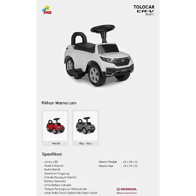Mobil Aki Anak Honda CRV 2 in 1 Fungsi Jalan Elektrik dan Dorong K606C Berlisensi Resmi