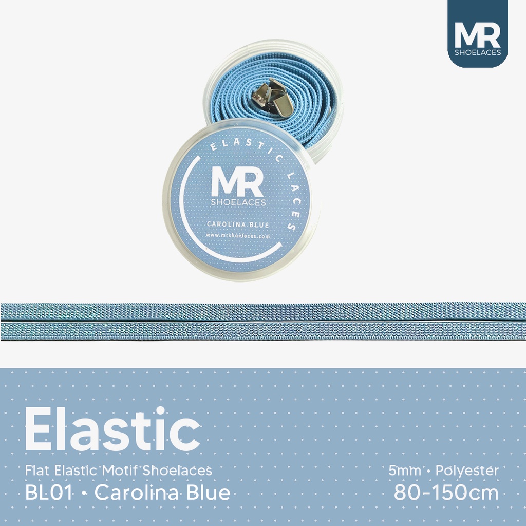 Original MR Shoelaces BL01 Elastic Carolina Blue Tali Sepatu Flat Elastis (Karet Lentur) with Metal Clip / Lock 80cm 100cm 120cm 150cm - Premium Shoelace