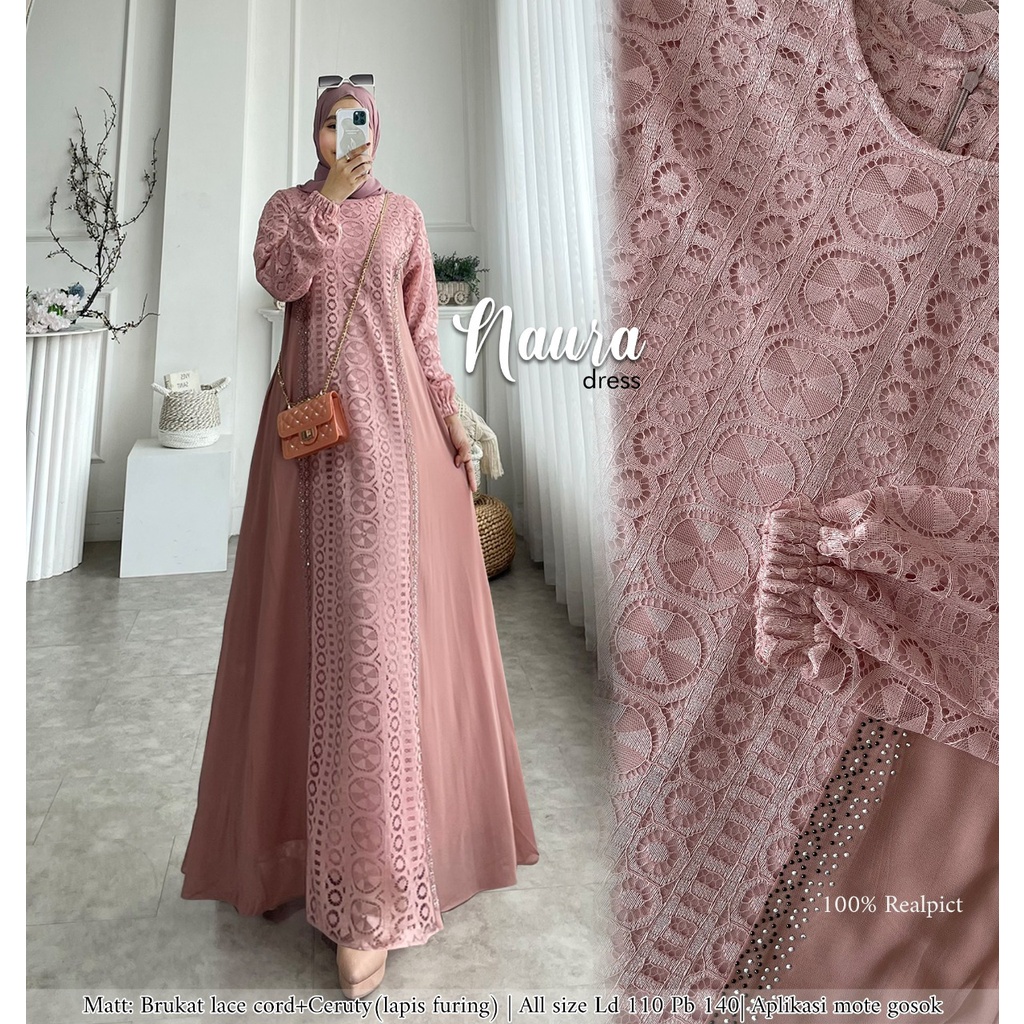 Zahira1808 Naura Kemala Bahan Brukat Cord Lace Mix Ceruty Baby Doll Gamis Muslim Syari Ibu Busui Dress Hijab Ori GLZ-4