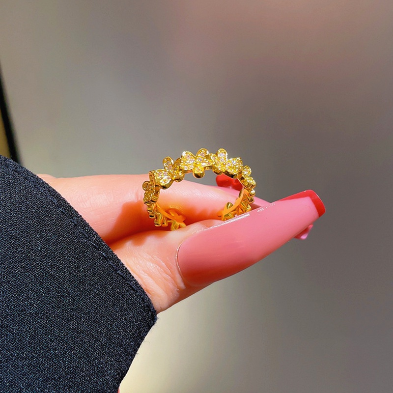 Cincin Titanium Wanita (Terbuka) Bunga Daisy Berlian Lapis Emas 18K Cantik Perhiasan Korea