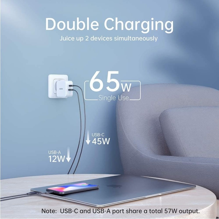 Travel Wall charger choetech Usb-Pd  2 port type-c 65w 2.4a-3.25a fast charging pd8002