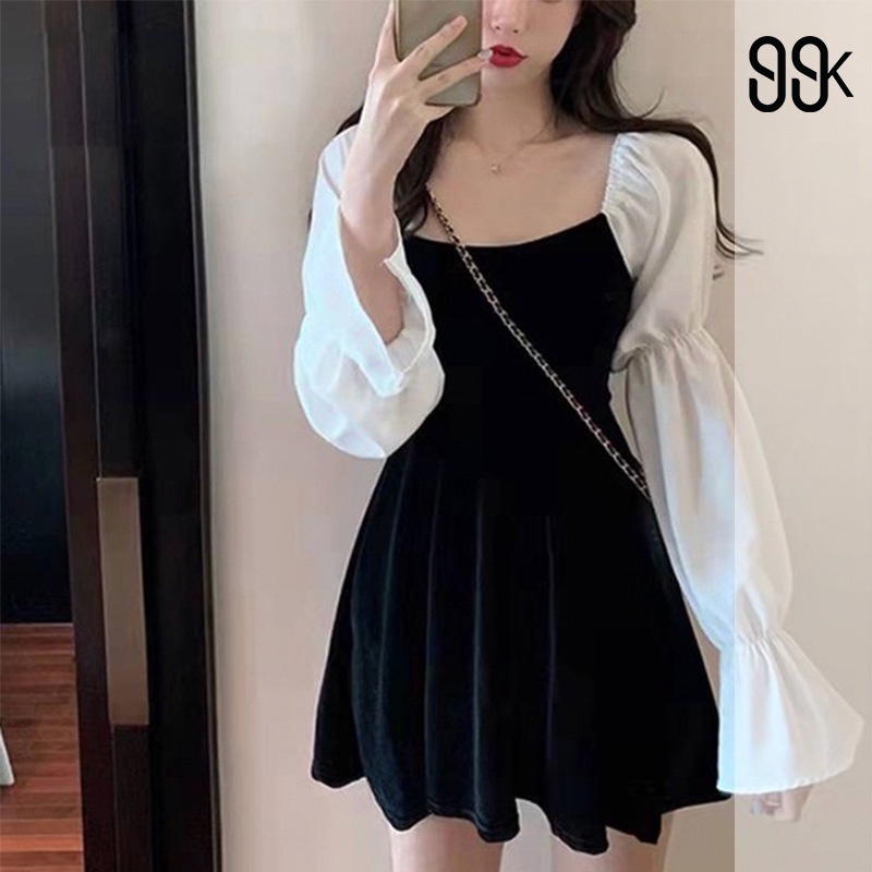 Korean Velvet Pleated Mini Dress Wanita Beludru Lengan Panjang 1334 (S/M/L)