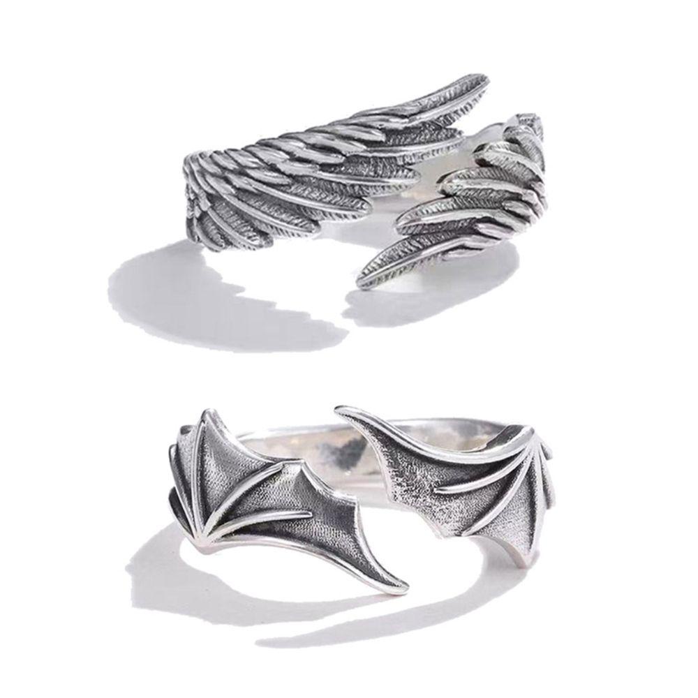 Nanas Malaikat Sayap Setan Wanita Pria Hadiah Cincin Terbuka Kekasih Punk Gothic Adjustable
