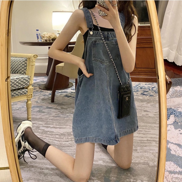 Rok suspender denim wanita musim panas versi Korean Style rok pendek longgar ramping Jumpsuit