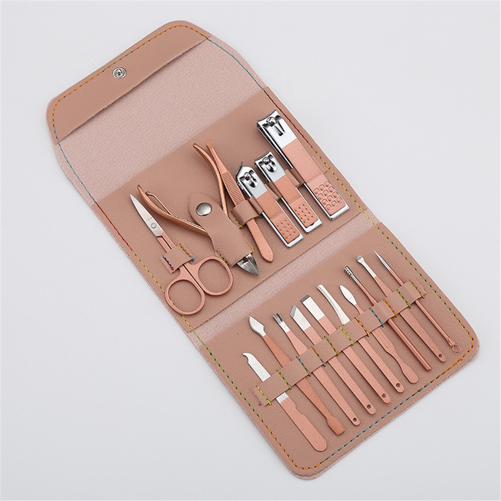 16pcs / Set Gunting Kuku Bahan Stainless Steel Dengan Tas Penyimpanan Bahan Kulit PU