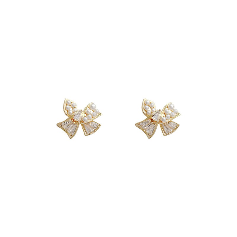 Shuling Ins Bow Earrings Fashion Wanita Zirkon Anting Mutiara S925 Perhiasan Perak