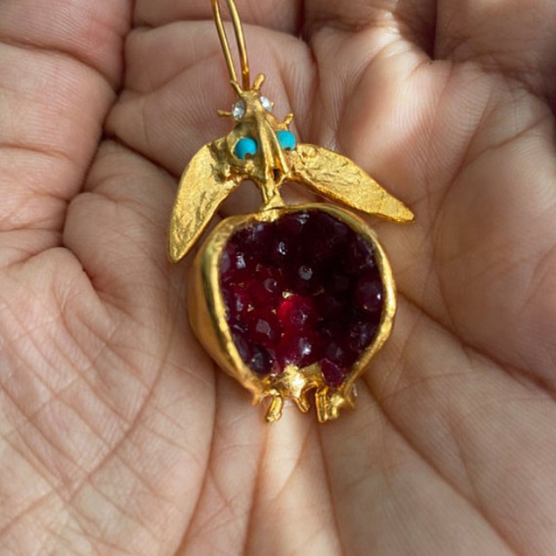 SIY  Vintage Fruit Red Pomegranate Jewelry Set Gemstone Pomegranate Pendant Earrings