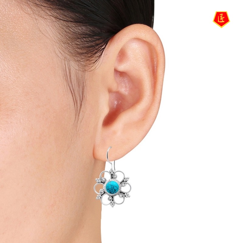 [Ready Stock]Vintage Inlaid Turquoise Flower Earrings