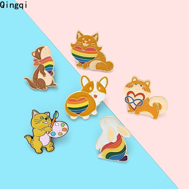 Bros Pin Enamel Bentuk Kartun Hewan Kucing Kelinci Corgi Tupai Warna Pelangi Untuk Hadiah