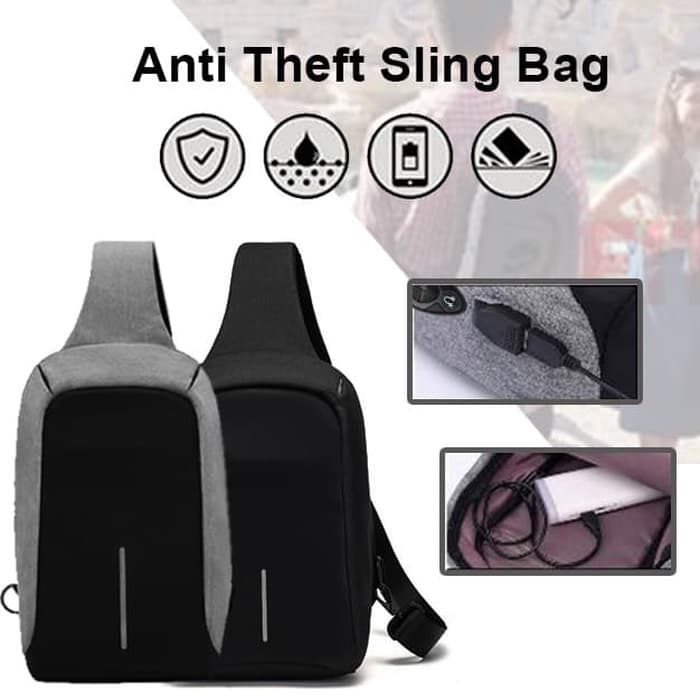 Tas Selempang Anti Maling / Anti Air Sling Bag + Port USB