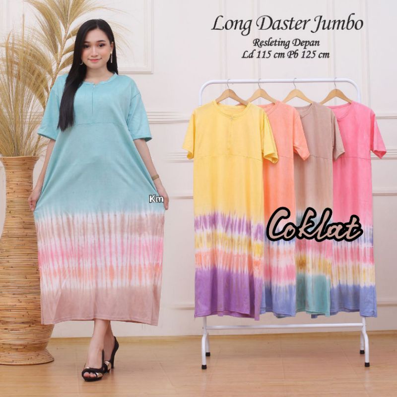 Daster Kaos Jumbo Resleting Depan Busui Motif Tiedye Jumputan Pelangi Batik Pekalongan Kekinian