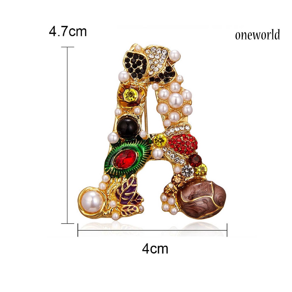 OW@ Enamel Brooch Pin Muti-Color Fashion Letter Shape Women Rhinestone Faux Pearl Brooch Pin for Party