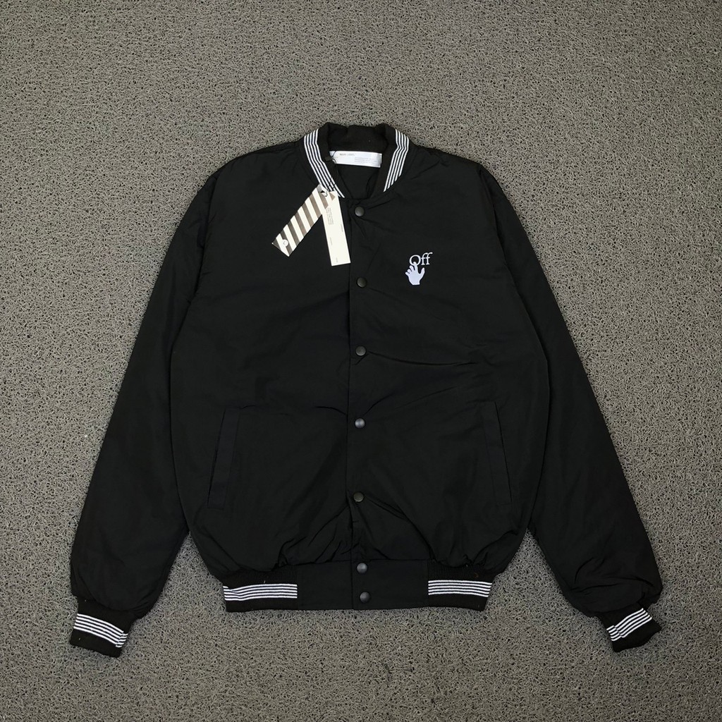 Jaket Bomber Varsity Off White Hand Hitam