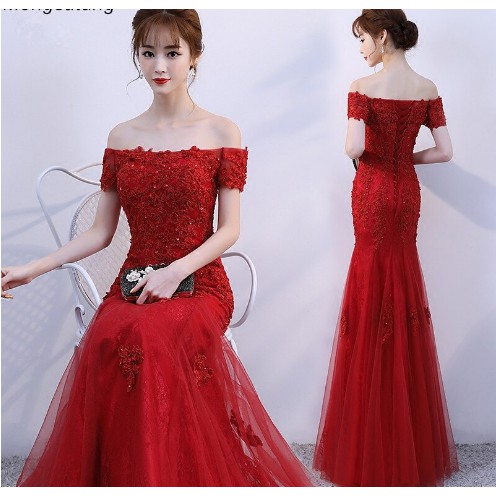 Red Boat Neck Bouquet Evening dress Mermaid Lace Up Party Prom dresses