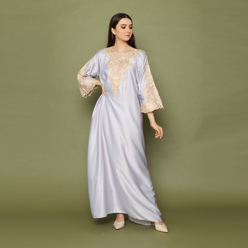 KAFTAN INARA BY KAFTAN SAKURA TIDAK MENERAWANG JUMBO BAHAN SATIN WARNA ABU ABU FULL BORDIR + PAYET