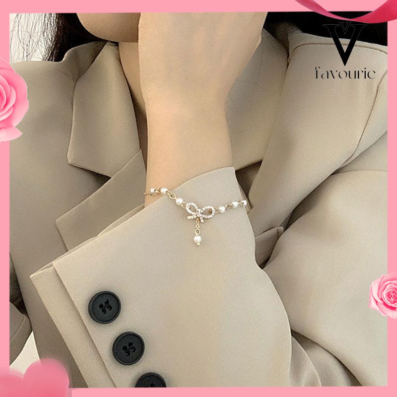 [COD]Micro-Inlaid Bow Pearl Bracelet Electroplating Manis Serbaguna Perhiasan Pacar-FA