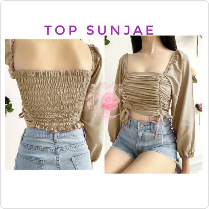 TOP SUNJAE gm blouse sabrina murah sexy top satin lowback kekinian sabrina serut crop top wanita