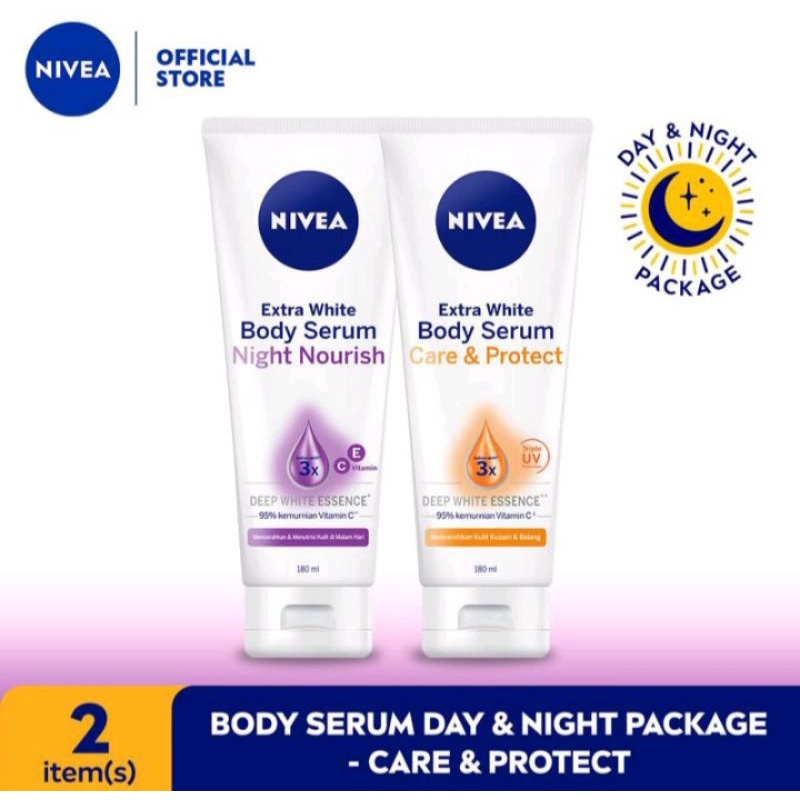 [2 Pcs] Nivea Body Serum Paket Pagi dan Malam - Care &amp; Protect + Night Nourish 180ml - Paket Nivea Daily [PAGI + MALAM]