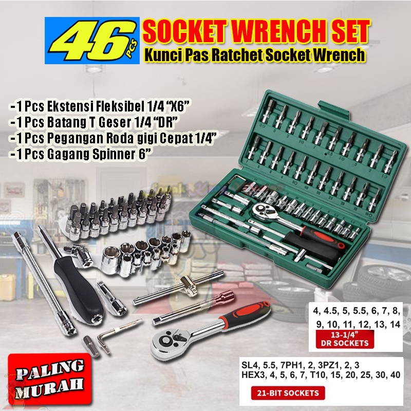 Tool Kit Set 46in1 Kunci Shock Rachet 1/4 Socket + Obeng Socket