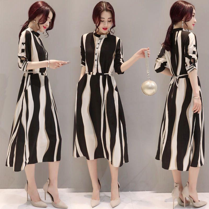 Wanita ramping korea sifon tipis dipotong lengan garis geometris A-line Dress