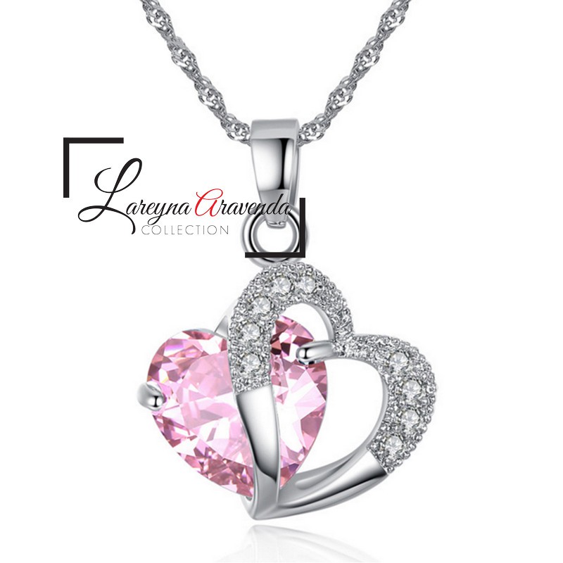 Kalung Titanium &amp; Liontin Kristal Wanita Model Crystal Double Love KL068