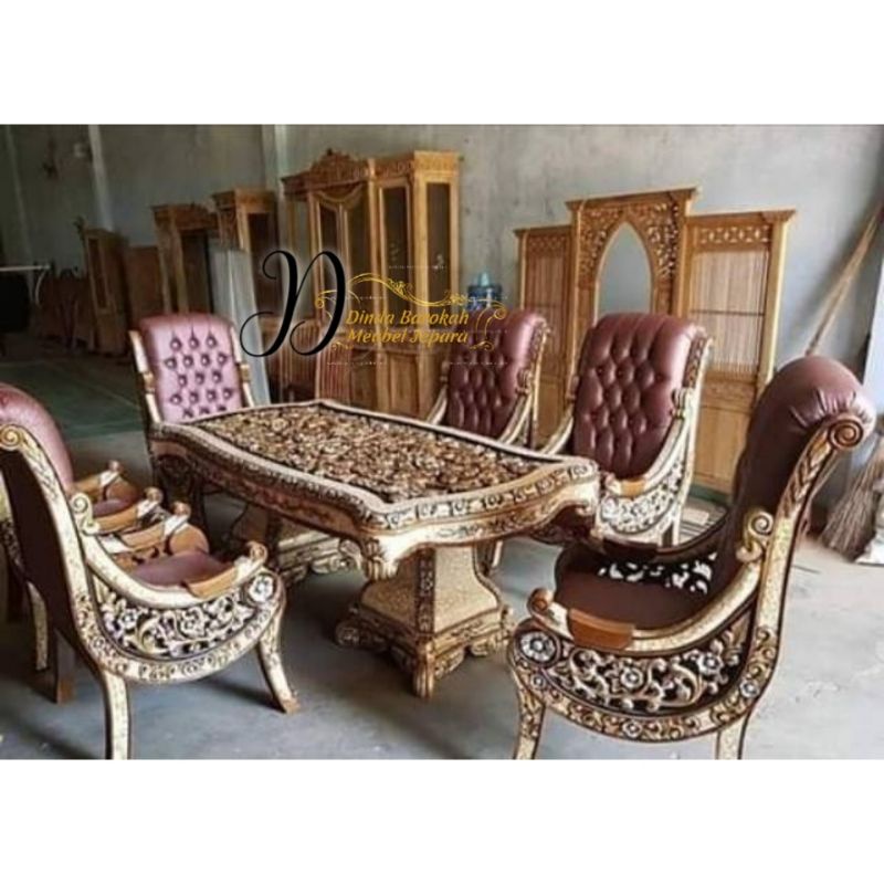 MEJA MAKAN UKIR MEWAH SET 6 KURSI, MEJA MAKAN MODERN MEWAH BERKUALITAS