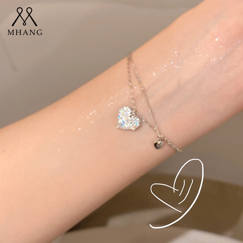 Gelang Berlian Bentuk Hati Model Lapis Ganda Gaya Vintage Korea Untuk Wanita