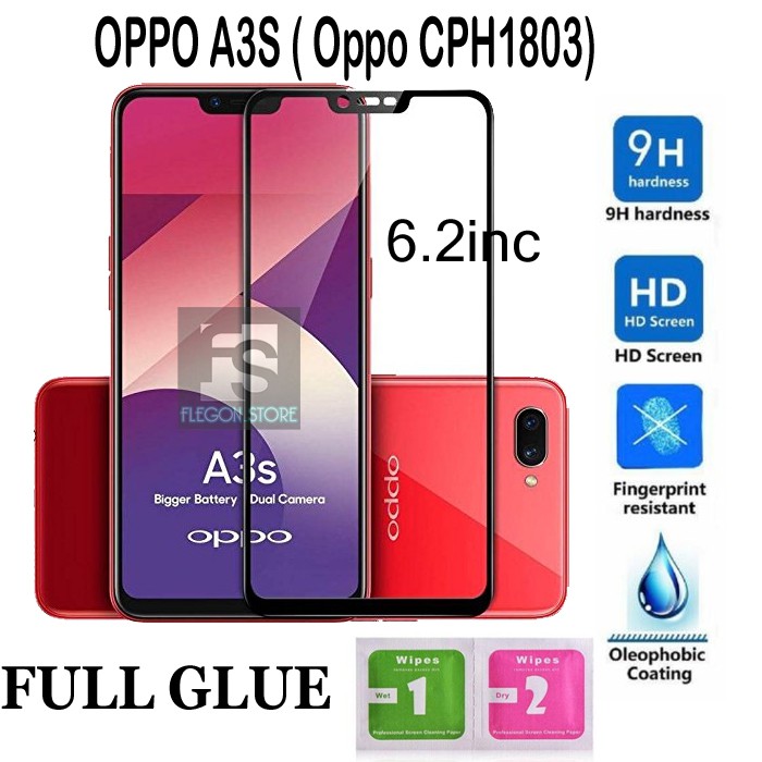 Anti Gores Oppo A3S Tempered Glass Full Lem - Hitam