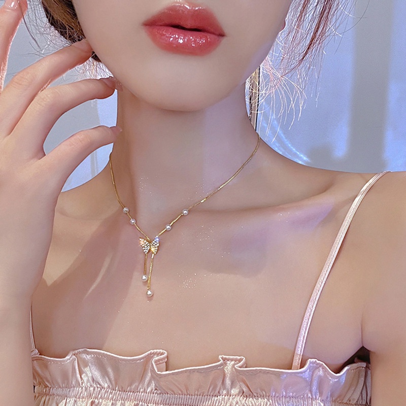 Kalung Rantai Klavikula Liontin Kupu-Kupu Aksen Mutiara Zirkon Untuk Hadiah Ulang Tahun Pernikahan Wanita