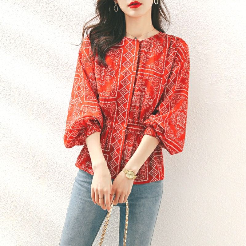 MDLV ~ 0859 CNY Blessings Hidden Button Top Women Blouse Premium Kemeja Etnik Blouse Etnik Blouse lengan Balon Panjang Blouse Korea terbaru Best seller Fashion Import