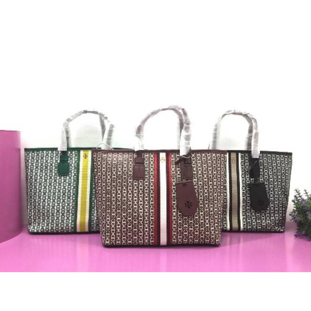 Tory Burch Gemini Link Canvas Small Tote totebag tas original authentic asli coated brown coklat