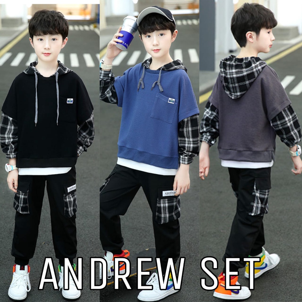 MILANBERRY ANDREW SET BAJU SETELAN ANAK COWOK KOREA FASHION SWETER HOODIE CELANA PANJANG CASUAL REMA