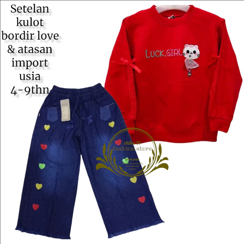 setelan kulot jeans bordir love - sett kulot jeans dan kaos sweater import - setelan anak perempuan 
