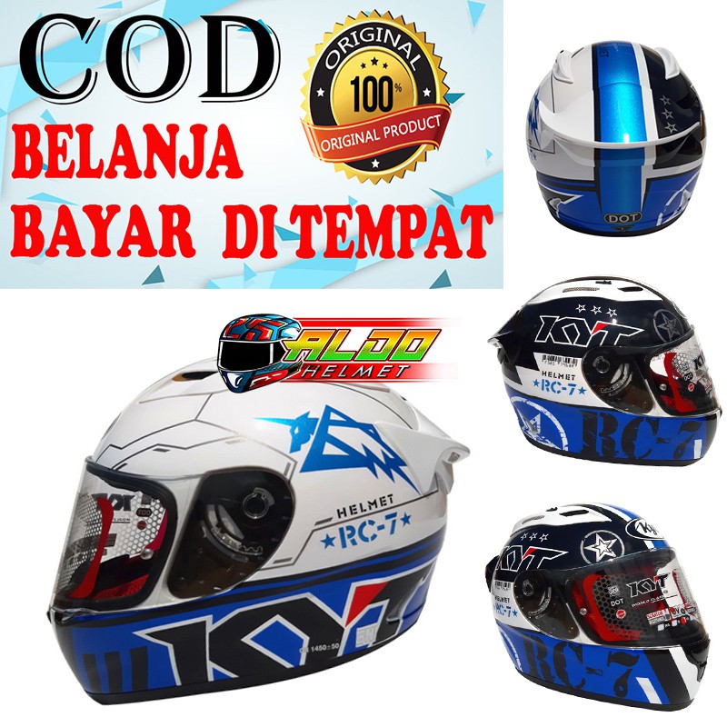 KYT RC 7 MOTIF SERI 11 WHITE BLACK BLUE FLAT VISOR CLEAR ORIGINAL HELM FULL FACE CEWEK COWOK TERBARU