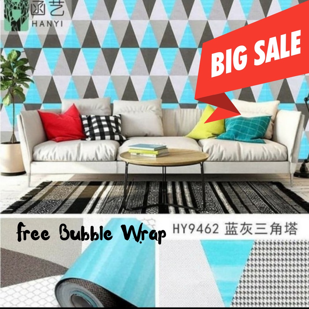 (PROMO COD) Wallpaper Stiker Dinding Bahan PVC Anti Air / Wallpaper kamar Tidur Promo Segitiga Biru Bahan PVC Premium Anti Air