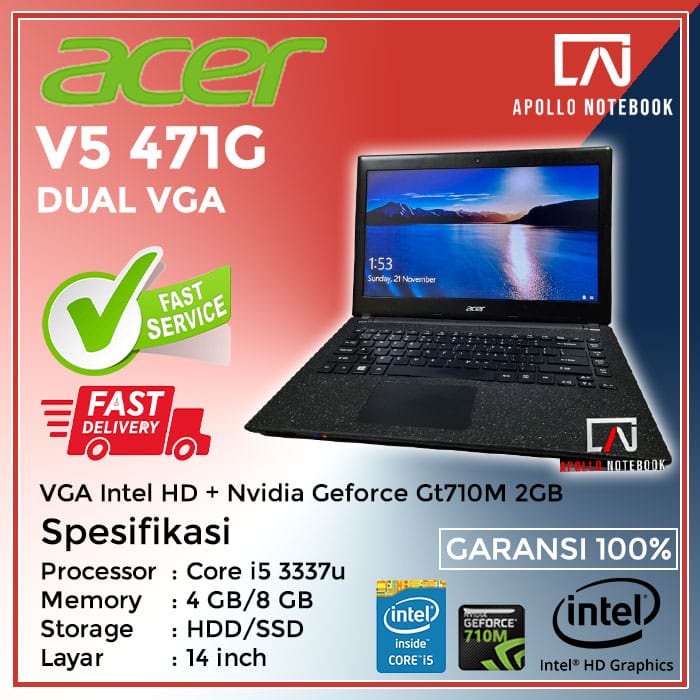 Laptop Acer V5-471G Core i5 Dual VGA 2GB - Second Bergransi