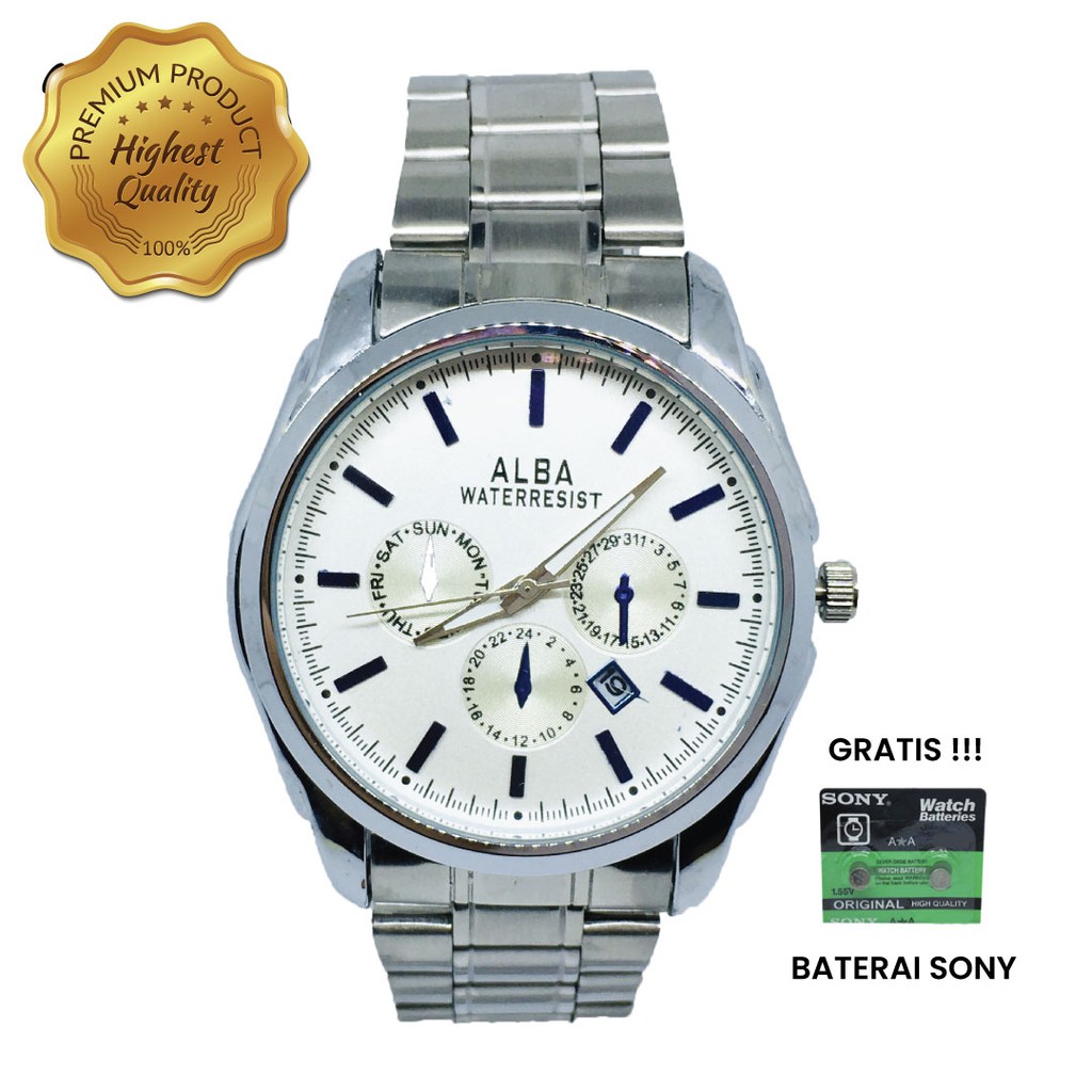 Jam Tangan Pria Tali Rantai Stainless ALBA Terlaris Silver Blue