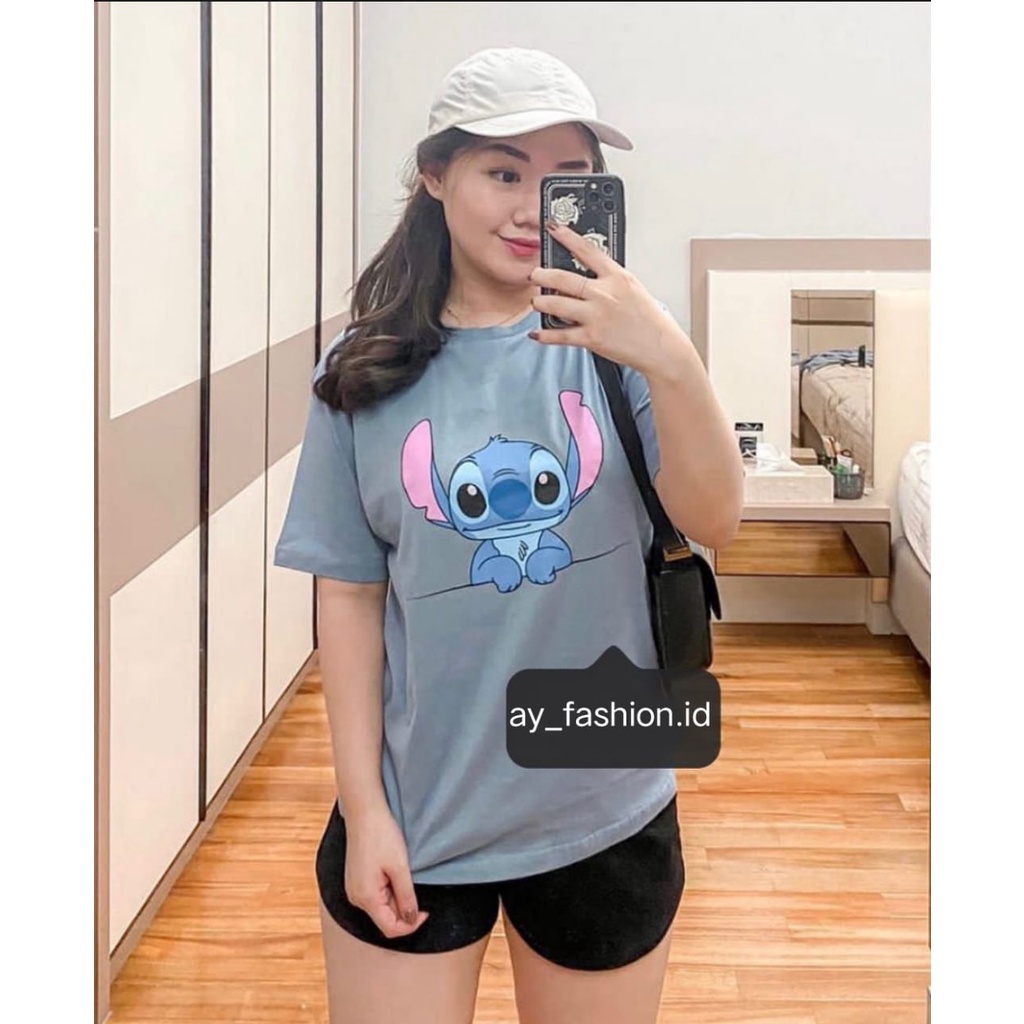 KAOS DUSTY BLUE OVERSIZE | BAJU TSHIRT TUMBLR TEE BIRU KOREAN KOREA STITCH MONSTER INC FLOWER BUNGA PENDEK