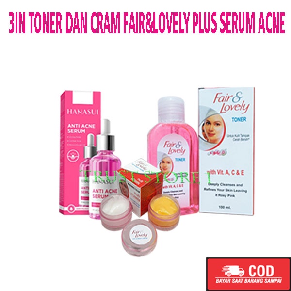 Paket 3 in 1 Glow And Lovely Plus Serum Anti Acne - Toner Fair and Lovely -Cream Siang dan Malam Plu