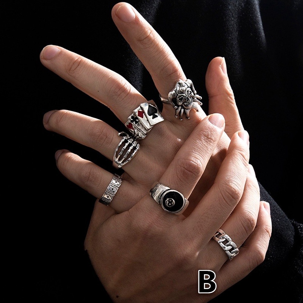 6pcs / set Cincin Jari Telunjuk Model Terbuka Desain Tengkorak Hati Laba-Laba Hollow Gaya punk Retro Untuk Pria