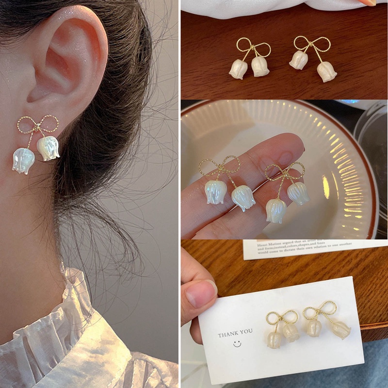 Fancyqube Anting Juntai Bentuk Bunga Tulip Warna Emas Putih Untuk Wanita