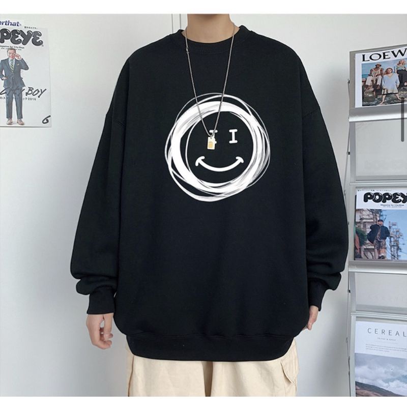 Sweater SMILE (S - 6XL) Crewneck Urban Style Korean BIGSIZE OVERSIZE Sweatshirt Harajuku Loose Long Sleeve Unisex Hitam Putih Mint Sage Green S M L XL XXL XXXL XXXXL 5XL 6XL Jumbo