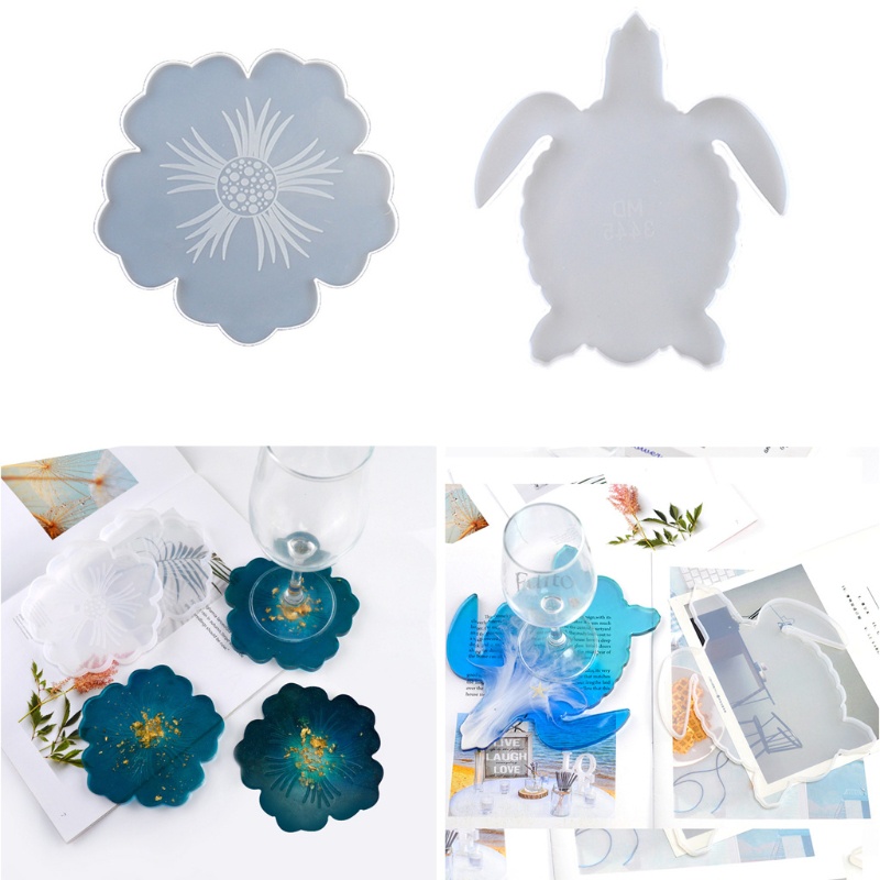 SIY  2Pcs DIY Flower Shape Silicone Geode Coaster Resin Molds Animals Sea Turtle Resin Coaster Tea Mat Molds Art Craft Tools