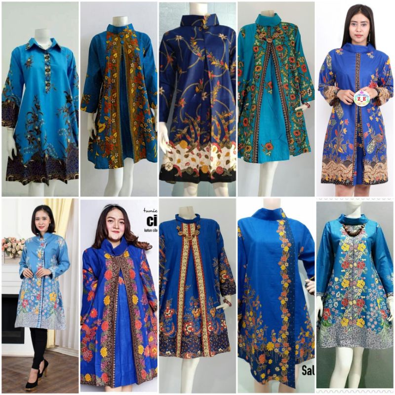 TUNIK ATASAN BATIK WARNA BIRU LANGIT BIRU ELEKTRIK BATIK UNGGUL JAYA LD 105 &amp; LD 120