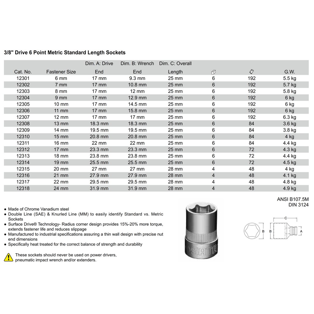 SOCKET 3/8 INCH 12 MM 12307 SATA TOOLS