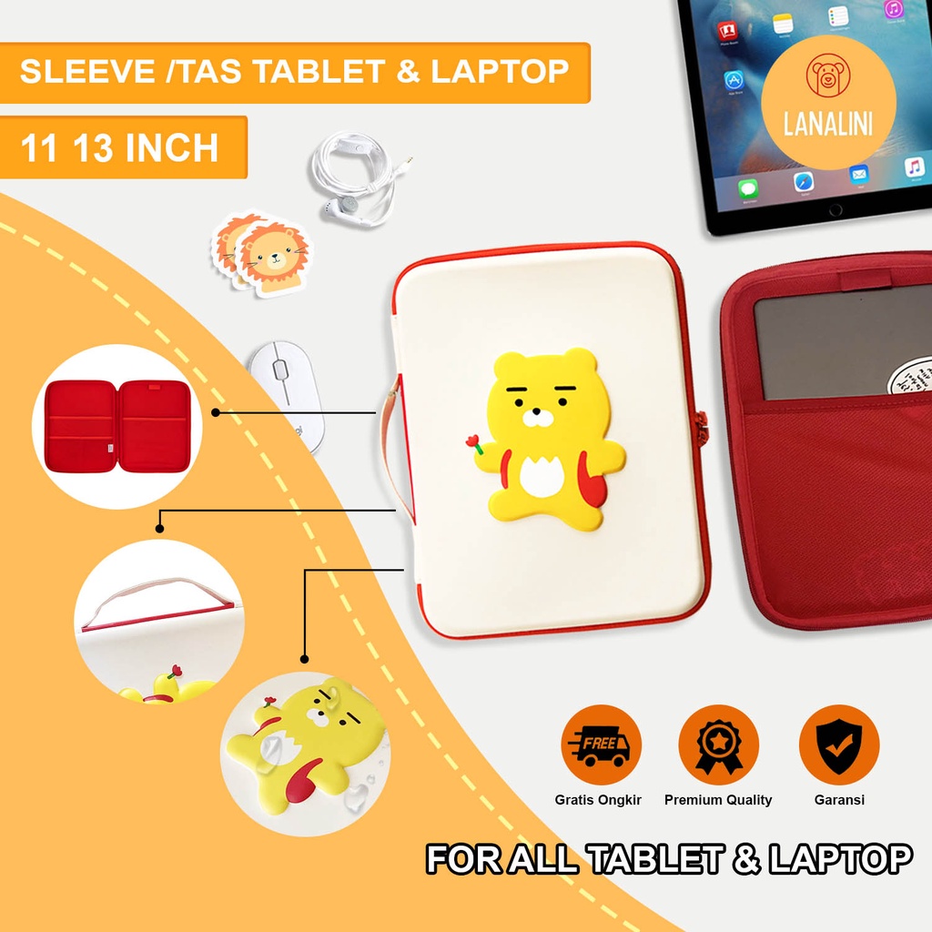 Sleeve Pouch Sarung Tas Bag Case Ipad Tab Tablet Macbook Air Pro Laptop Asus Acer Lenovo HP Huawei 11 12 13 14 15 inch Motif Gambar Kartun Cartoon Karakter Lion Singa Warna Putih Merah Lucu Cute Murah Korean Model Tali Jinjing Tebal Hard Shell Waterproof