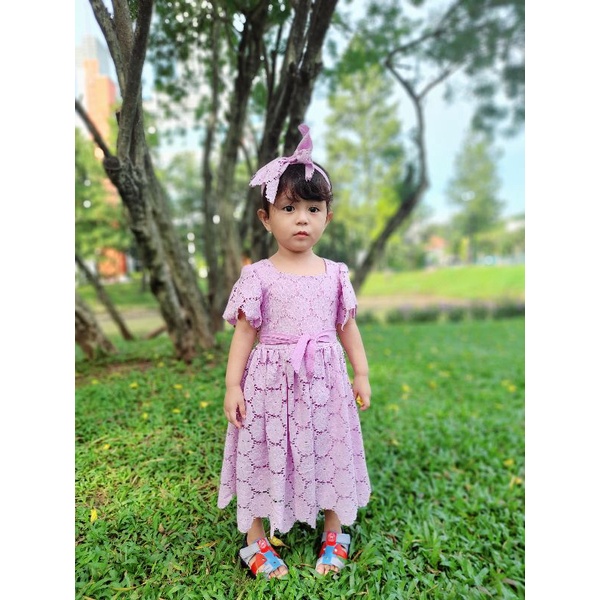 Dress gaun pesta kondangan warna lilac ungu muda brukat katun usia 1 - 5 tahun